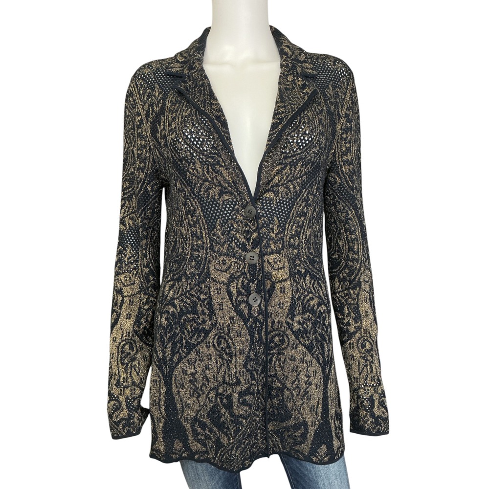 Peruvian Connection Metallic Pointelle Knit Blazer Cardigan S Navy Gold Llamas